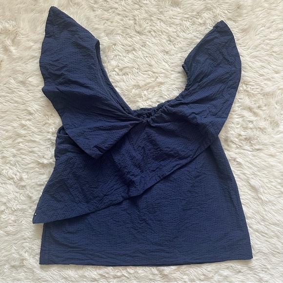 Cuyana Seersucker Flounce Top 100% Cotton Ruffle Asymmetrical Textured Blue Sz L - Picture 5 of 12